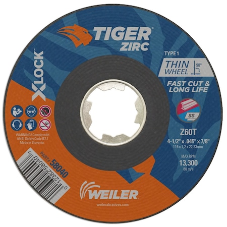 Weiler 4-1/2" x .045" TIGER ZIRC Type 1 Cutting , Z60T, X-LOCK Arbor Hole 58040